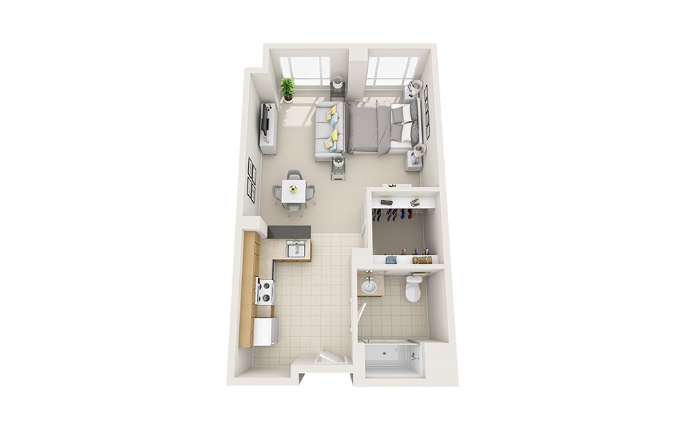 Scallop - Studio floorplan layout with 1 bath and 586 to 601 square feet. Scallop - Studio floorplan layout with 1 bath and 586 to 601 square feet.