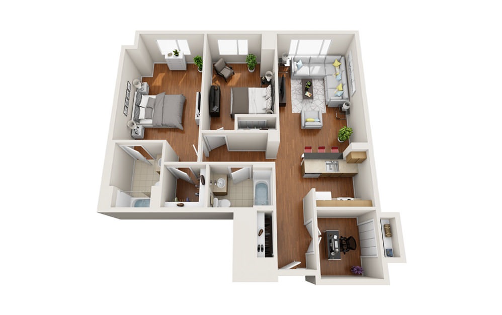 Beachwood - 2 bedroom floorplan layout with 2 baths and 1169 square feet.