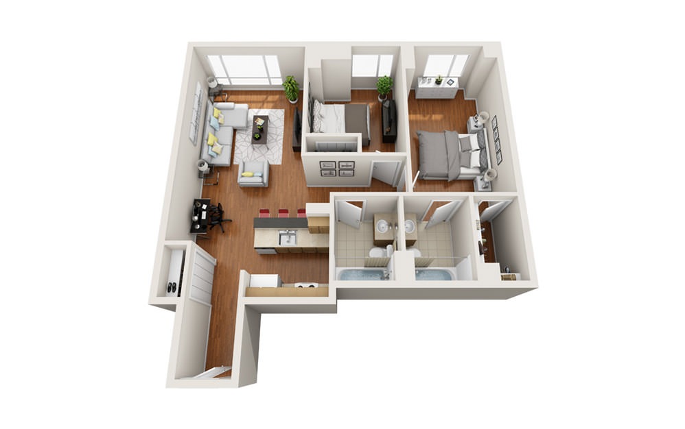 Beacon - 2 bedroom floorplan layout with 2 baths and 958 to 1055 square feet.