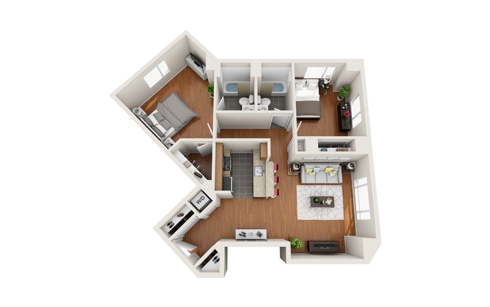 Cat Boat - 2 bedroom floorplan layout with 2 baths and 1043 to 1058 square feet.