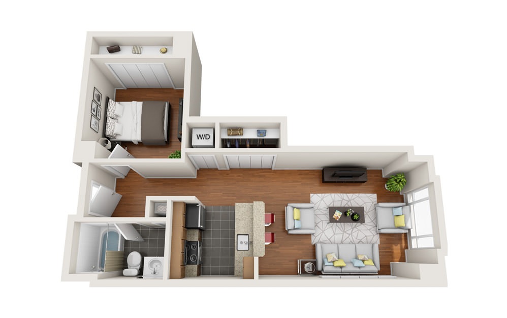 Compass - Studio floorplan layout with 1 bath and 644 to 658 square feet.