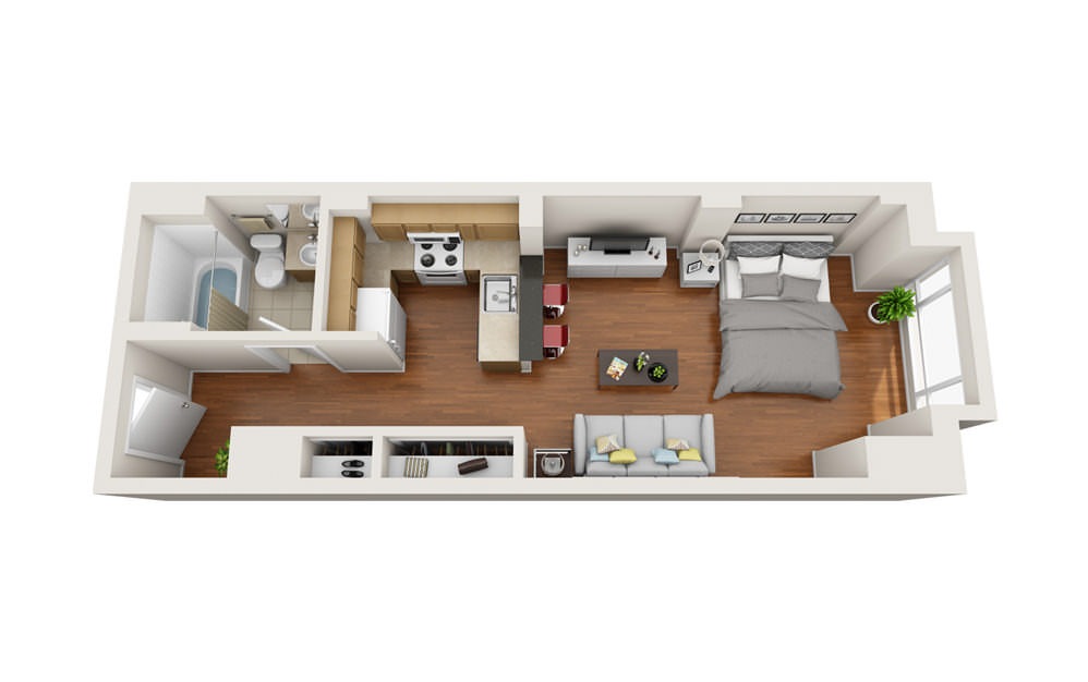 Crab Shell - Studio floorplan layout with 1 bath and 481 square feet.