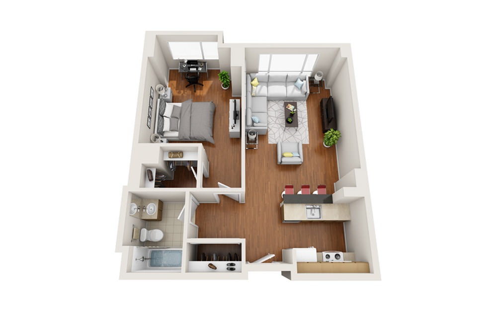 Current - 1 bedroom floorplan layout with 1 bath and 650 to 744 square feet.