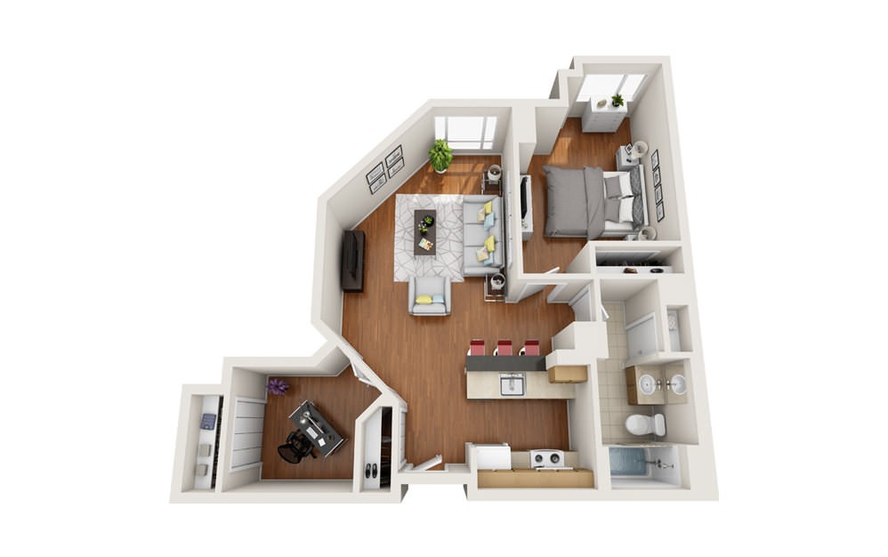 Island - 1 bedroom floorplan layout with 1 bath and 809 to 863 square feet.