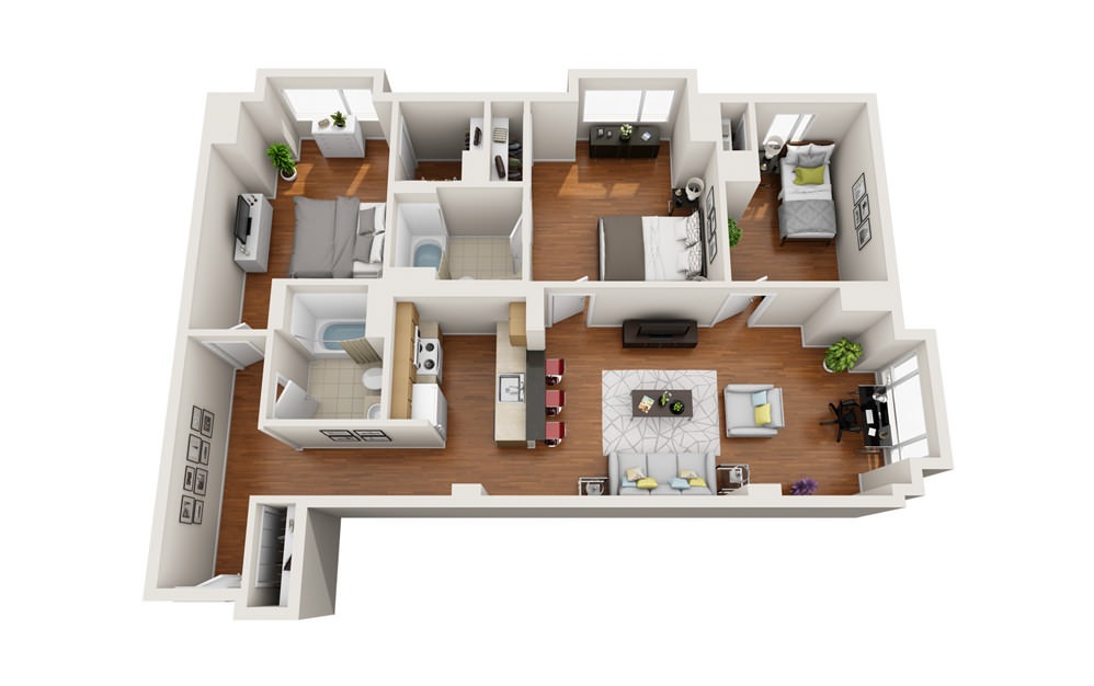 Jetty - 3 bedroom floorplan layout with 2 baths and 1233 square feet.