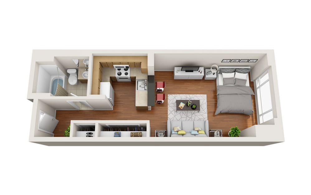 Lobster - Studio floorplan layout with 1 bathroom and 425 - 489 square feet