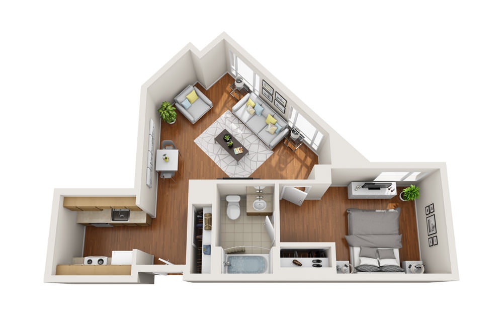 Port - 1 bedroom floorplan layout with 1 bath and 652 to 666 square feet.
