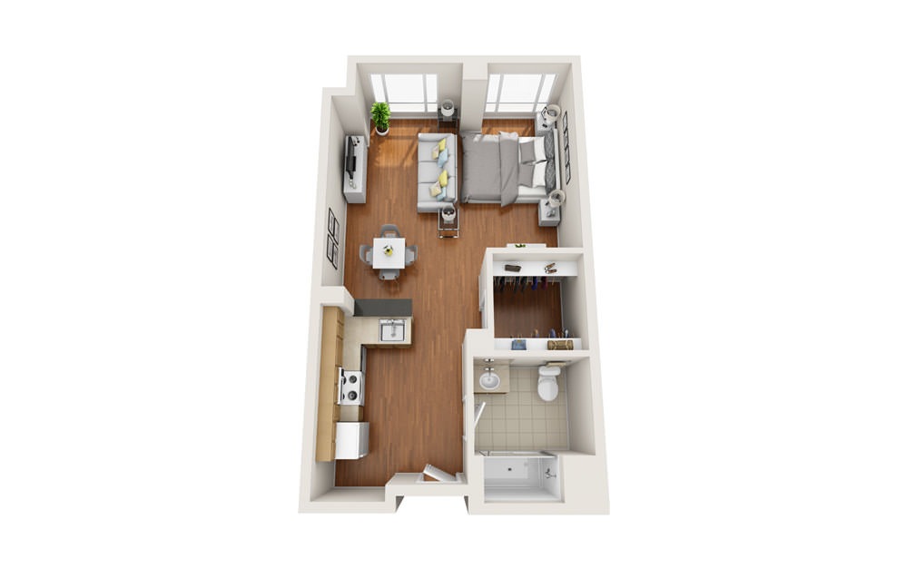 Scallop - Studio floorplan layout with 1 bath and 586 to 601 square feet.