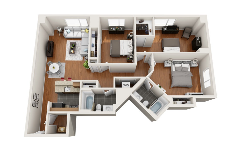 Spinnaker - 3 bedroom floorplan layout with 2 baths and 1290 to 1444 square feet.
