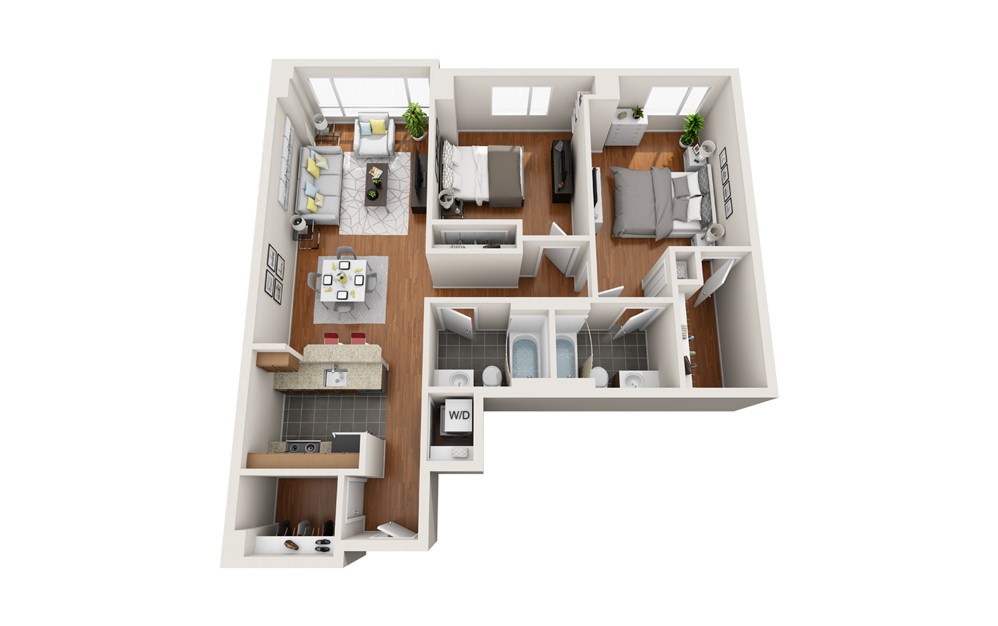 Trawler - 2 bedroom floorplan layout with 2 baths and 1060 to 1070 square feet.