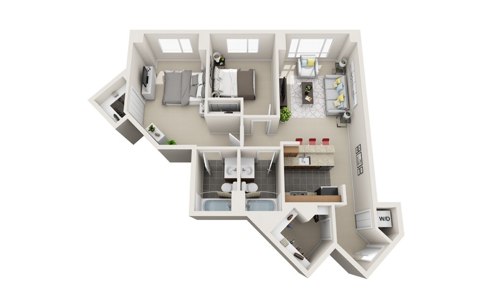 Windjammer - 2 bedroom floorplan layout with 2 baths and 952 to 990 square feet.