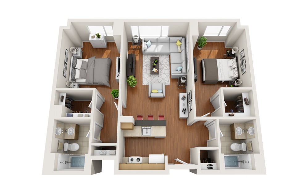 Yacht - 2 bedroom floorplan layout with 2 baths and 1008 to 1025 square feet.